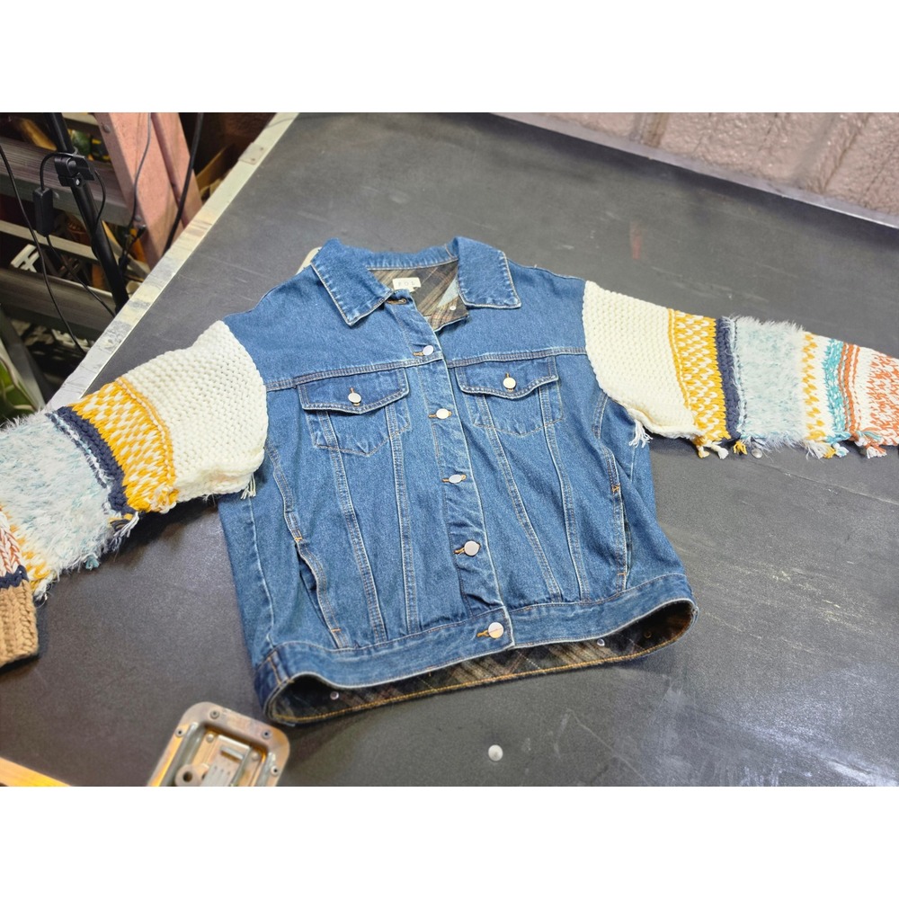 POL Denim Jacket Mixed Media Knit Sleeves Plaid Lined Blue JFT899 $148 Womens L